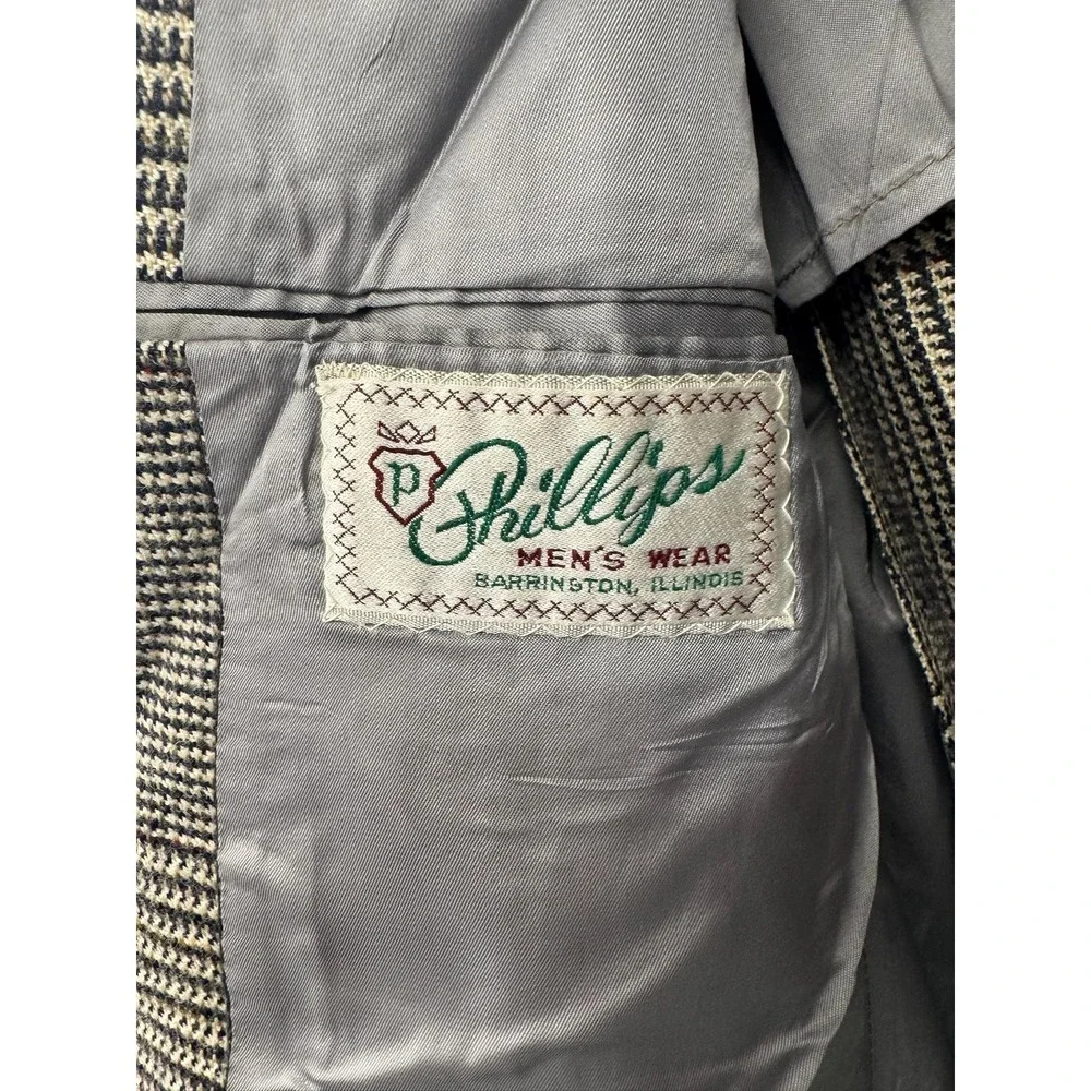 Vintage Phillips Mens Wear Blazer Mens Large Gray Glen Plaid Wool Sport Coat 80s